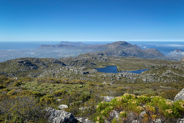 Fototapeta na wymiar Panoramic view from top of Table Mountain to Woodhead Reservoir and Cape of Good Hope, Cape Town, South Africa.