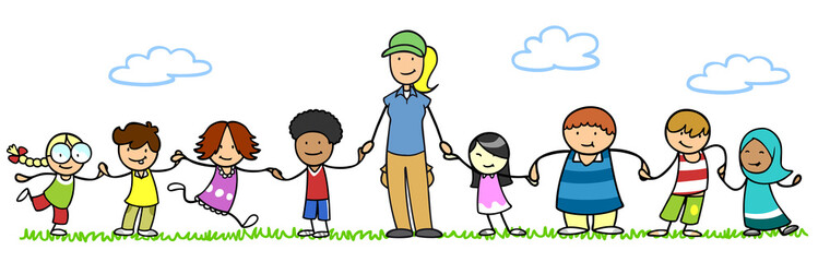 Frau als Kindergärtnerin und Kinder im Kindergarten