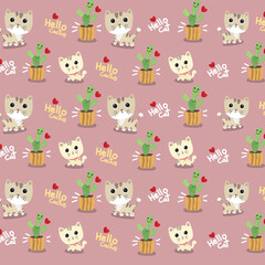 pattern postcard banner cartoon cat and cactus cute vector illustration background 03