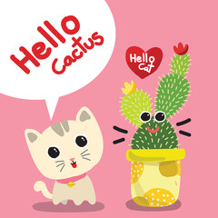 postcard banner cartoon cat and cactus cute vector illustration background 03