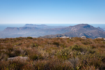 Panoramic view from summit top of Table Mountain to Cape of Good Hope peninsula, Cape Town, South Africa.