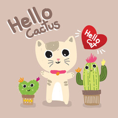 postcard banner cartoon cat and cactus cute vector illustration background 06