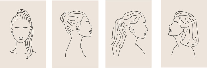 Collection of female linear minimalistic portraits in profile and full face on beige background