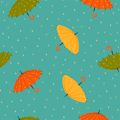 Seamless pattern with umbrellas and drops. Vector graphics.