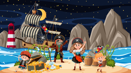 Fototapeta premium Treasure Island scene at night with Pirate kids