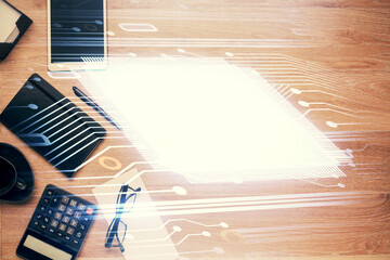 Double exposure of data theme drawing and office interior background. Concept of technology.