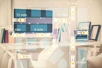 Multi exposure of auto pilot theme drawings and office interior background. Ai concept.