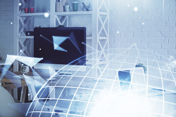 Multi exposure of world map drawing and office interior background. Concept of international network.