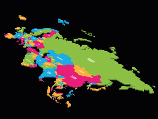 Isometric political map of Eurasia. Colorful land with country name labels on white background. 3D vector illustration