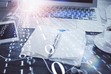 Multi exposure of data theme drawings and desk with open notebook background. Concept of education