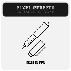 Insulin pen thin line icon. Portable diabetes treatment. Medical equipment. Pixel perfect, editable stroke. Vector illustration.