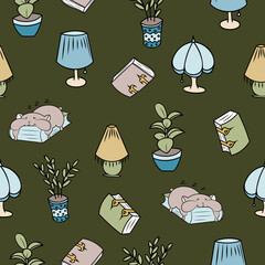 Cosy hamsters plants and books seamless pattern
