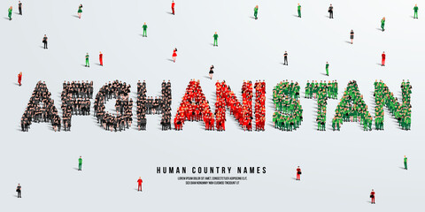 A crowd of people stands, making up the word Afghanistan. Afghanistan flag made from people. Vector illustration isolated on white background.