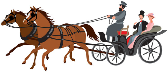 Izvozchik, phaeton horse cart, cab, horse-drawn carriage driven by coachman with two passangers, couple, man and woman, XIX century passenger transport, predecessor of taxi 
