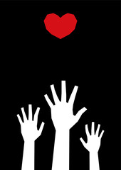 Minimalistic art with white silhouettes of three hands reaching for a red heart on a black background. Template for poster, book cover A4, A3 with copy space. Relationships, falling in love