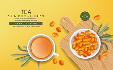 Sea Buckthorn tea in a cup vector realistic. Product placement label design. Healthy delicious hot