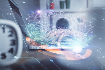 Double exposure of woman hands working on computer and data theme hologram drawing. Tech concept.