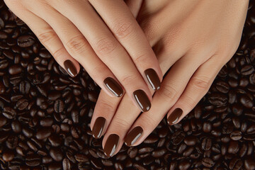 Beautiful groomed womans hands with brown nail design.