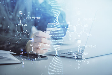 Multi exposure of woman on-line shopping holding a credit card and DNA drawing. Medical education E-learning concept.