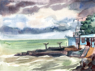 Watercolor landscape stormy sea. Design of postcards, website, illustrations for magazine, diary, book