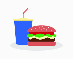 Fast food flat design vector illustration. Hamburger and drink icon.