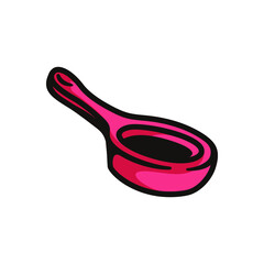 symbol of a small frying pan, red colored in black line art style and shadow details.