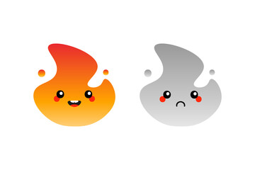 Set, collection of cute cartoon style happy and sad fire, flame characters.