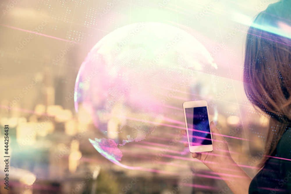 Poster double exposure of tech icon hologram and woman holding and using a mobile device. technology concep