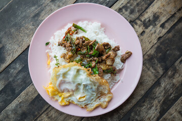Top view Stir fried beef with chili and fried egg