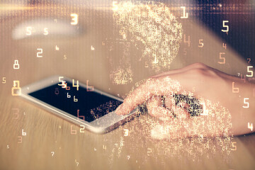 Double exposure of tech icon hologram and woman holding and using a mobile device. Technology...