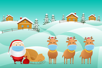 Santa Claus in face mask and reindeer team. Vector illustration.