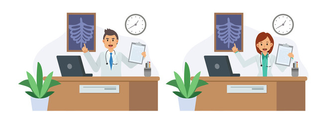 Set of Male and female doctor with clipboard and laptop giving medical presentation in a hospital room. Flat vector cartoon character illustration.