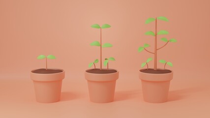 tree plant growing in clay pot, set of plant phases, financial or mindset or knowledge growth concept, 3d rendering illustration