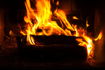 burning logs in the fire of a barbecue or stove or fireplace