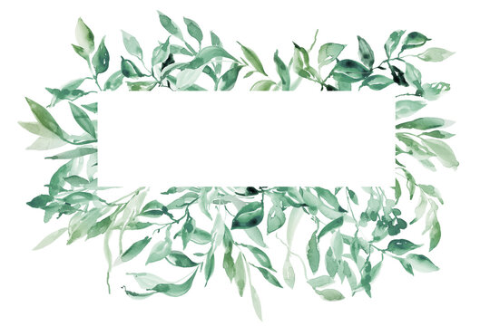 Watercolor greenery frame. Eucalyptus leaves borders for wedding invitations, cards, logo, Natural green border, Sage green wedding template