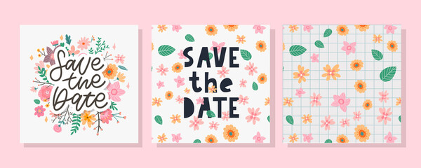 Fototapeta premium Lovely spring concept card. Awesome flowers and birds made in watercolor technique. Bright romantic card with summer flowers in vector. Charming Save the Date background