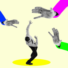 Modern art collage. Young businessman and huge hands. Combination of business and creativity.