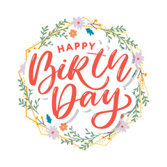 Beautiful happy birthday greeting card with flowers and bird. Vector party invitation with floral elements.