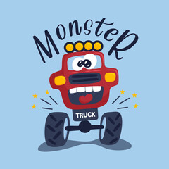 Crazy car monster truck, red color, with huge eyes. Print on clothes, dishes, testil. Vector illustration EPS10. © Tatyana Plotnikova