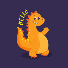 Cute orange dinosaur waving its paw. Hello lettering. Print on clothes, dishes, textiles. Vector illustration EPS10.