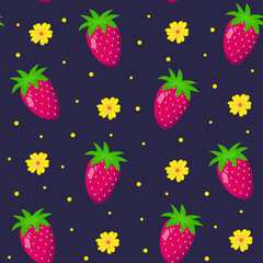 Seamless pattern with strawberries and flowers.