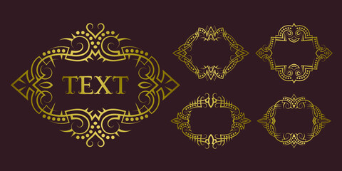 Golden vintage frame set for short text. Old-fashioned vector label templates or greeting card design elements.