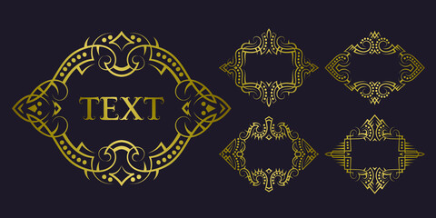 Golden premium frame set for short text. Old-fashioned vector label templates, book cover elements or ceremonial design.