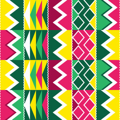African tribal Kente cloth style vector seamless textile or fabric print pattern, traditional vertcial geometric nwentoma design from Ghana in green and pink

