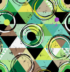 seamless abstract circle pattern, with triangles, dots, paint strokes and splashes