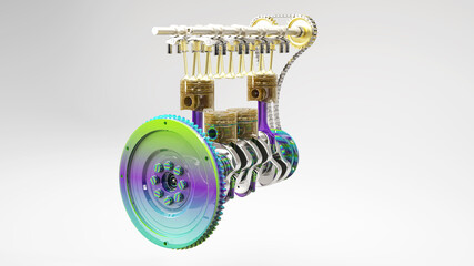 Isolated illustration of a car engine with exposed connecting rods and pistons, 3d rendering, 3d illustration