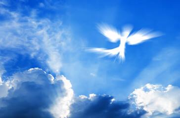 Angel in the clouds with Blue Cloudy Sky. White Angel of light Flying. Spirit, religion, and spiritual freedom Concept 