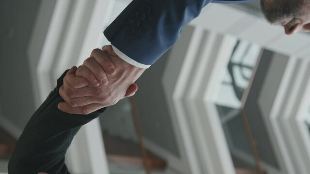 Slowmo vertical close-up of client shaking hand to lawyer after successful deal or civil court