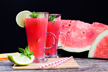 delicious watermelon juice from red watermelons, close up