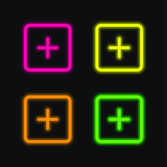 Add Square Outlined Interface Button four color glowing neon vector icon